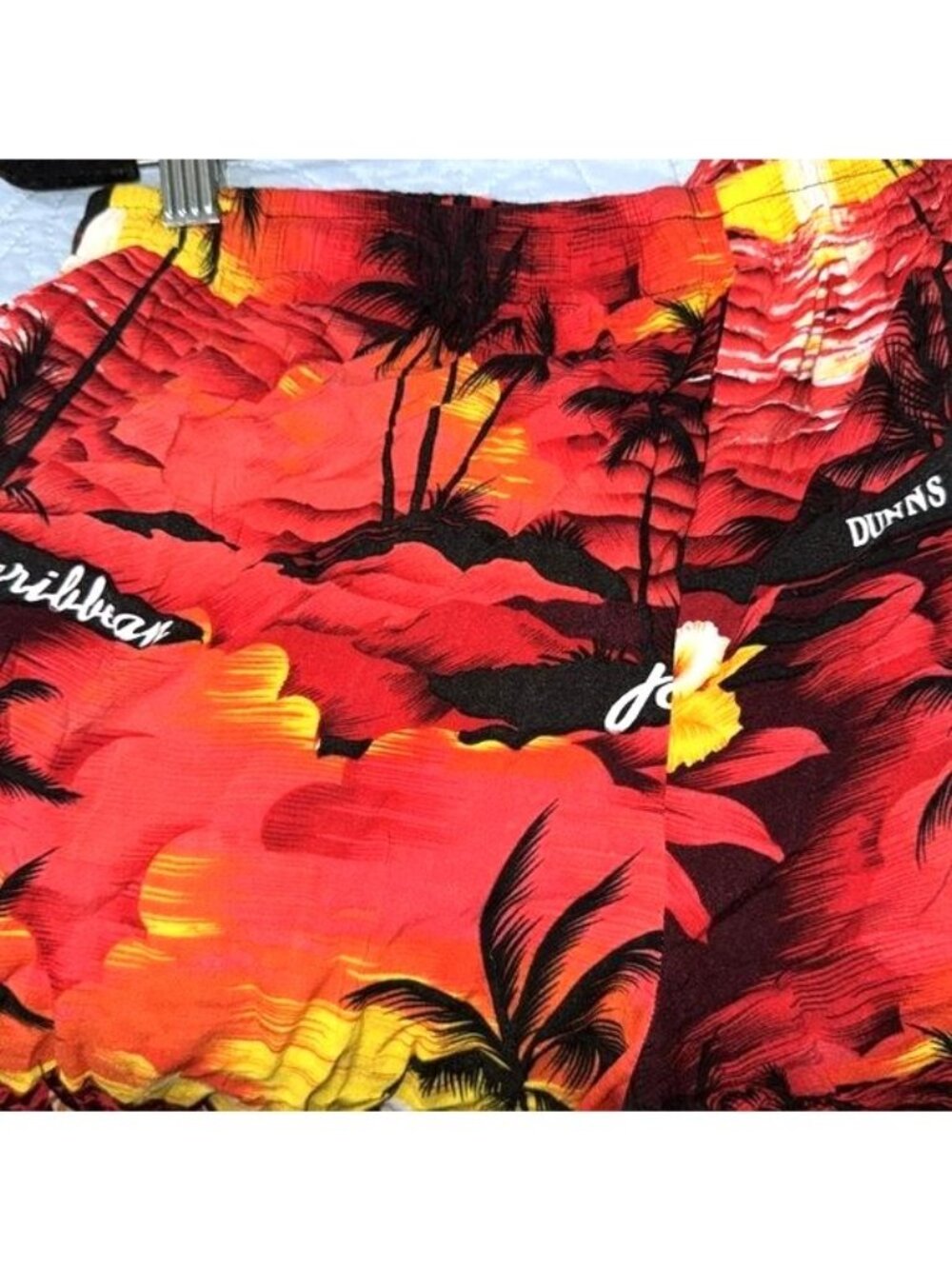 Hawaiian Sunset Print Drawstring Capri Pants Vibrant Red & Yellow Tropical Desi - Picture 4 of 6